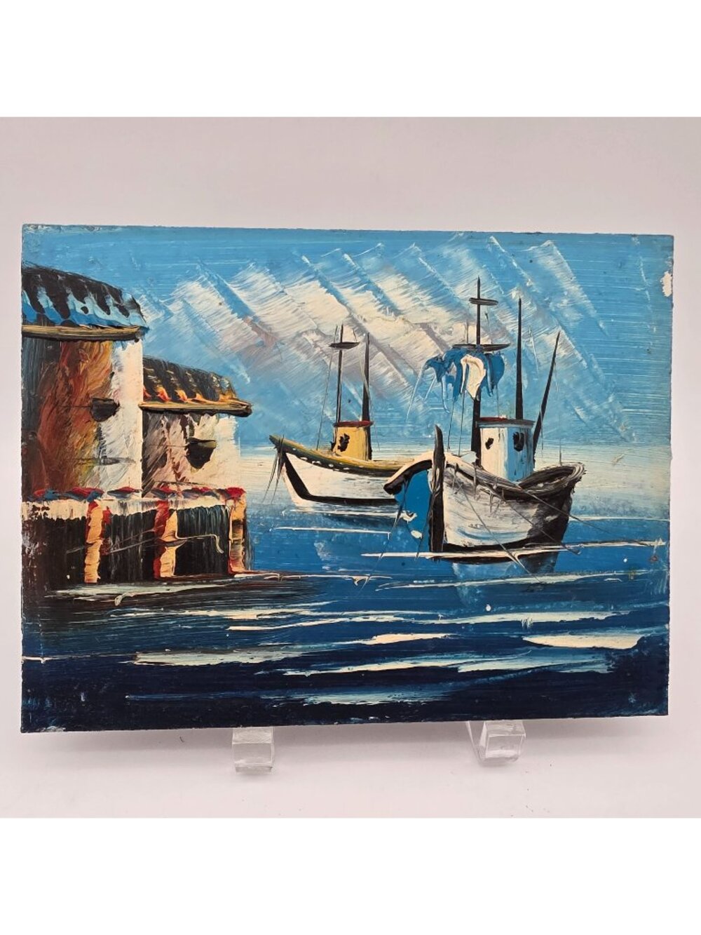 Nautical Oil Painting On Board Harbor Scene With Boats & Buildings 8.5"x6.5"
